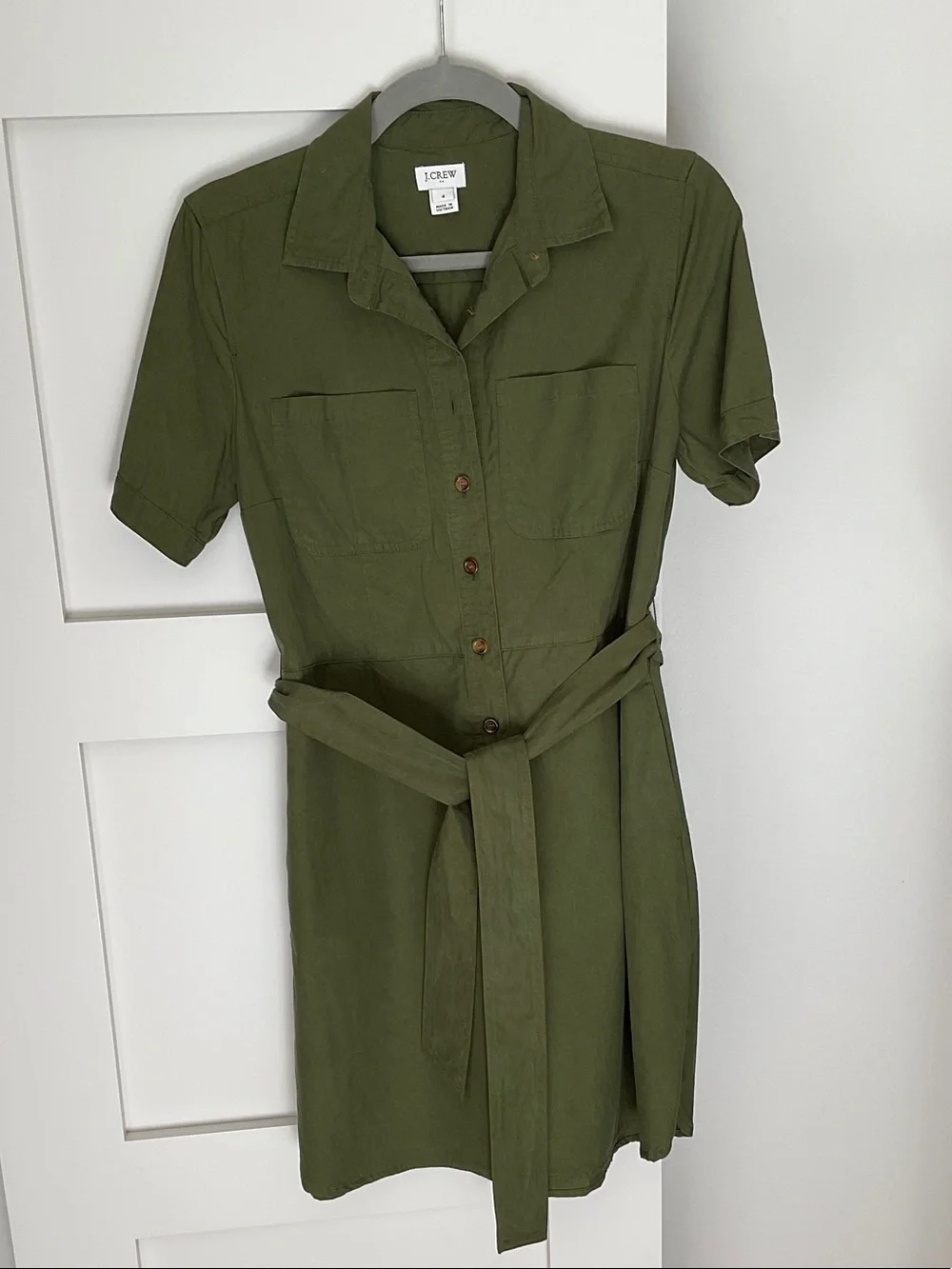 J. Crew Olive Green Short-Sleeve Shirt Dress with Waist Tie